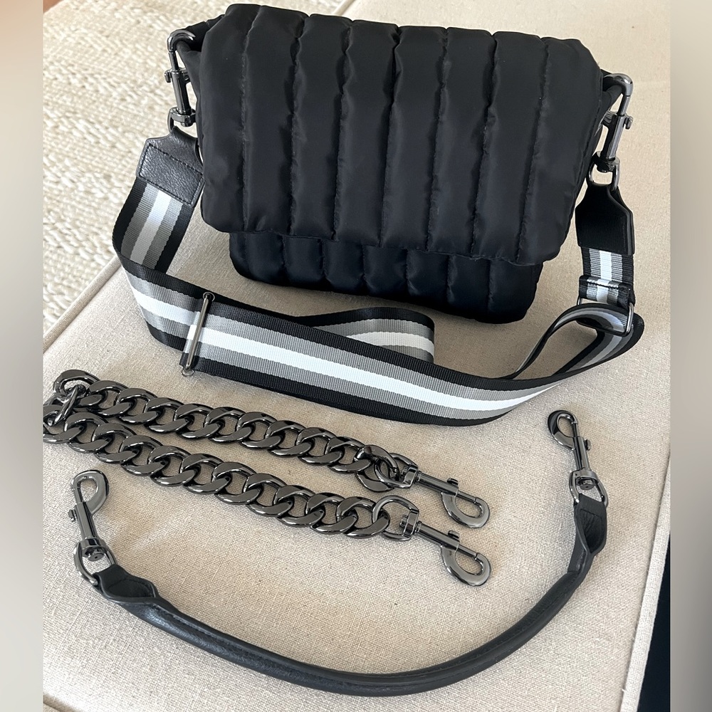THINK ROLYN Bar Bag black quilted nylon multi strap crossbody
